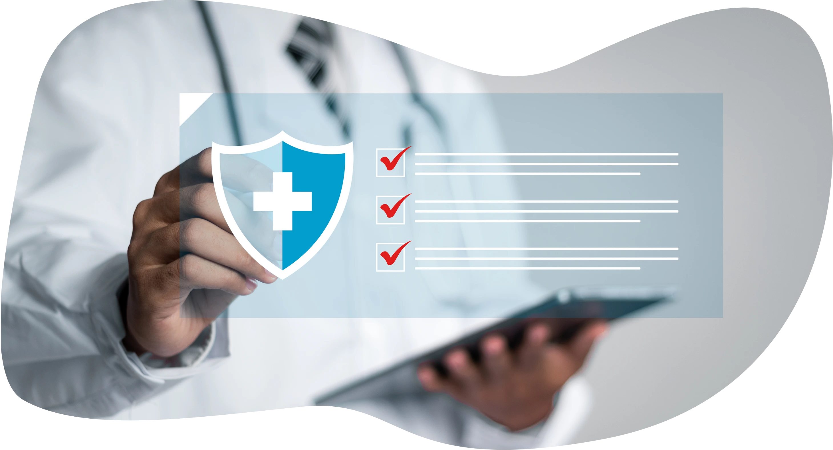 A clinician in a white coat working through a safety and compliance checklist on screen, each item ticked off beside a protective shield