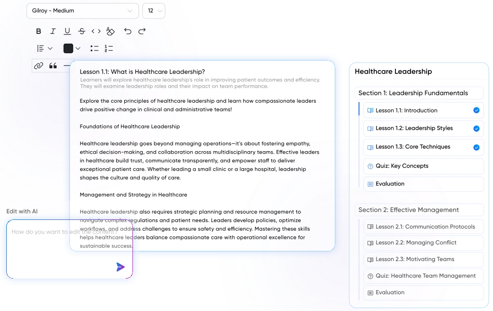 Healthcare material organized into sections, lessons and quizzes in Vocaliv