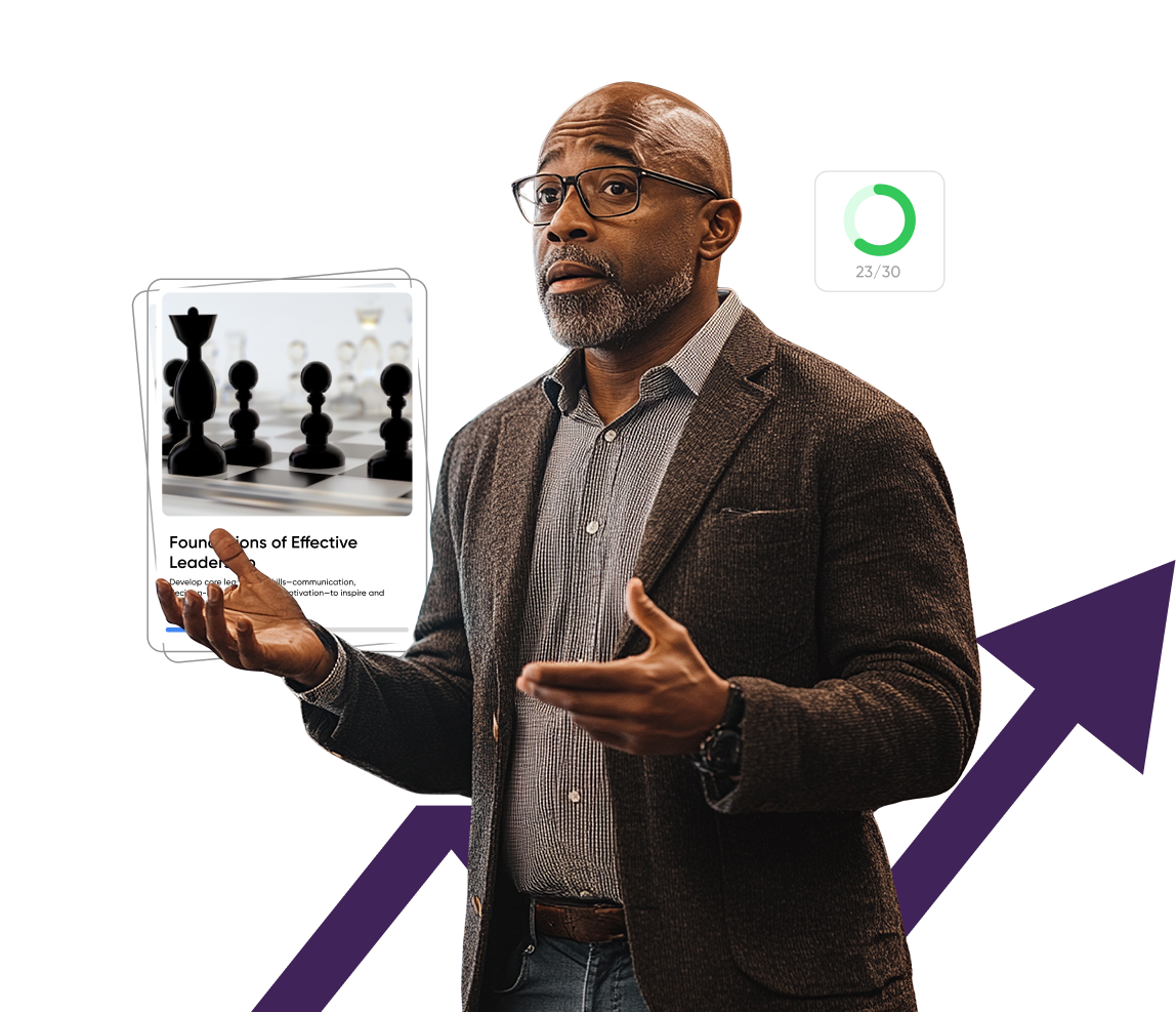 A presenter speaking confidently with open gestures, beside a Vocaliv course card and a rising progress arrow