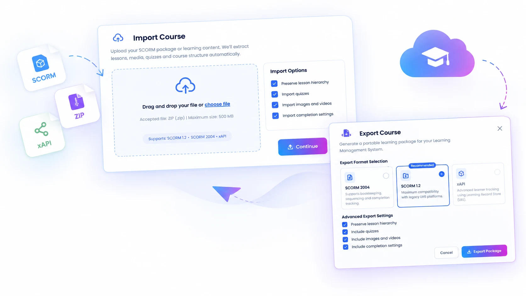 Vocaliv Import Course and Export Course dialogs moving SCORM 1.2, SCORM 2004 and xAPI packages